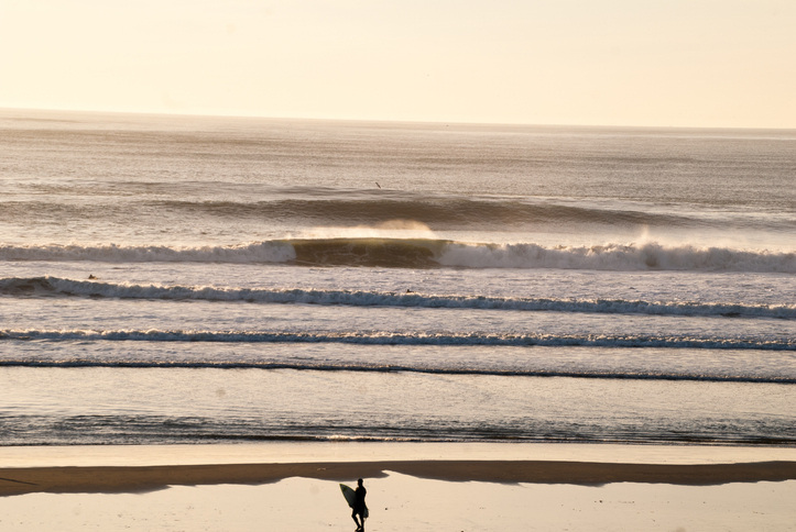 surfer on the beach staring at lines of ocean waves