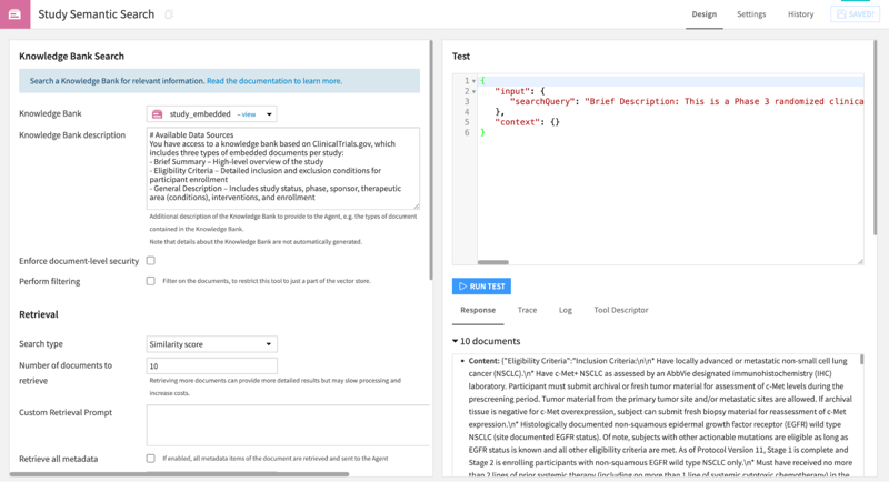 The tool development page supports instant testing, where you can review the tool’s output and trace a given prompt with a single click. This test feature is key to facilitating a fast, iterative development process.