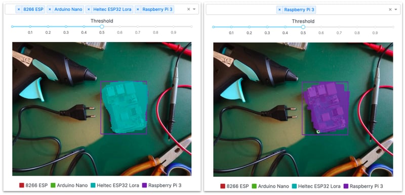 Example of good localization but improper categorization with few-shot segmentation and a single decision threshold (the color of the rectangle corresponds to the ground truth class)