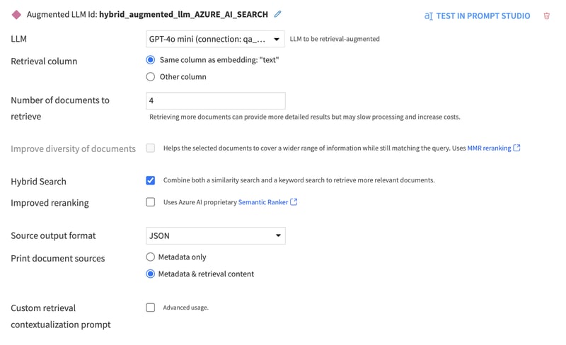 Screenshot of user’s test in the Dataiku RAG Augmented LLM configuration pane. Chosen large language model is GPT-4o mini.