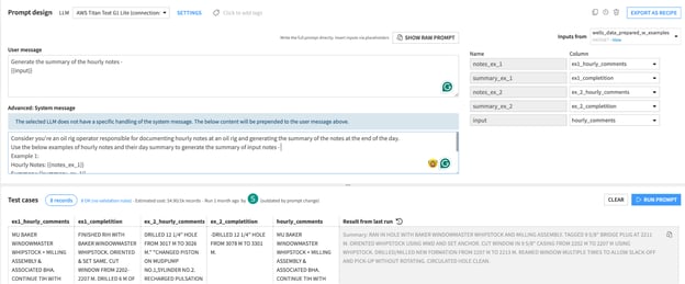 Dataiku Prompt Studio: Advanced prompt mode, using examples for added context.