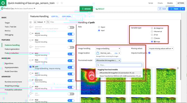 The image is a screenshot of a user’s view in Dataiku, where the user is working on modeling gas on sensors. Highlighted in the screenshot are the variable type, where the user has selected “image” and these fields: image handling, where the user has selected “image embedding;” image location, where the user has selected “thermal camera;” and pre-trained model, where the user has selected “Hugging Face local models — EfficientNet B4 ImageNet- 1k (connection: hf_co).”