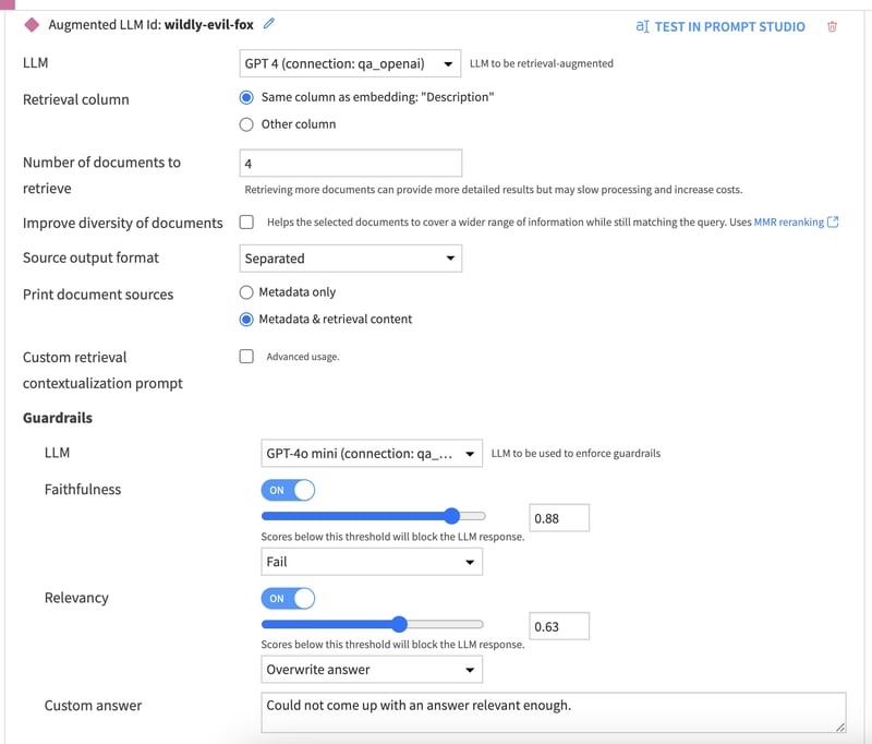 Screenshots of a user’s work in the Dataiku Augmented LLM configuration pane. The user’s chosen LLM is GPT 4.