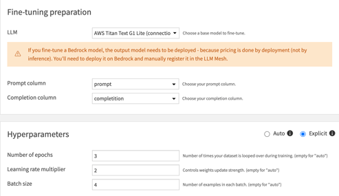 Dataiku fine-tuning recipe configuration