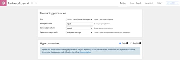 user’s settings in the “Fine-tuning preparation” dialog box. The user has selected OpenAI’s GPT 3.5 Turbo model, set the prompt column to “input,” set the competition column to “output,” and set the system message mode to “no system message.” In the hyperparameters dialog box, the “auto” setting is selected. In a highlighted area of that dialog box, this text appears: “OpenAI will automatically select hyperparameters for you. Depending on the performance of your model, you might want to update them using the advanced mode following the official documentation.”