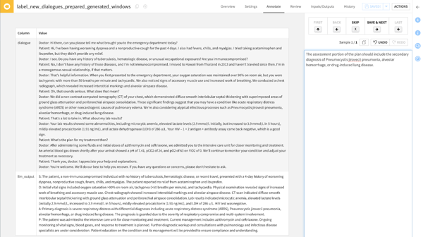 The image is a screenshot of a user’s notes to validate data annotations. On the left side, raw data is shown — in this case, the transcription of a patient’s conversation with a doctor. On the right side of the image is another dialog box, where the user is manually typing additional notes for the model to consider in its analysis.
