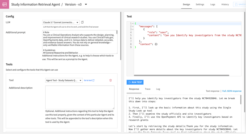 Dataiku’s Visual Agent is a no-code agent framework that supports most major model provider APIs and self-hosted models. Users can define the agent's role, guidelines, and examples through an additional prompt, and then assign agent tools to help it achieve its goals.