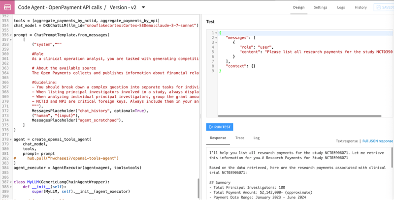 The Clinical Trial Intelligence Agent leverages a code agent to query the OpenPayment public API. Its custom tools enable tailored queries and result computation, which are then passed to the leading agent. This design allows the system to perform dynamic queries on the most current data directly at its source, eliminating the need for users to download local copies into their infrastructure.